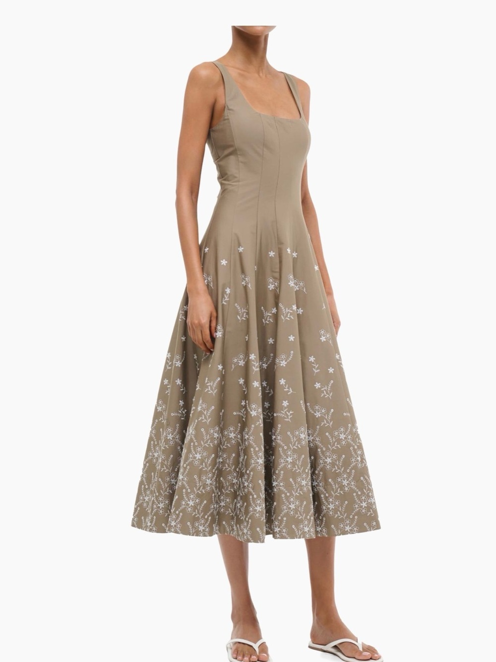 STAUD Taupe Midi Dress with White Floral Embroidery